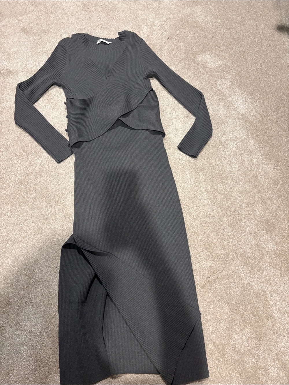 Women’s Long Ribbed Knit Dress with Asymmetric Overlay